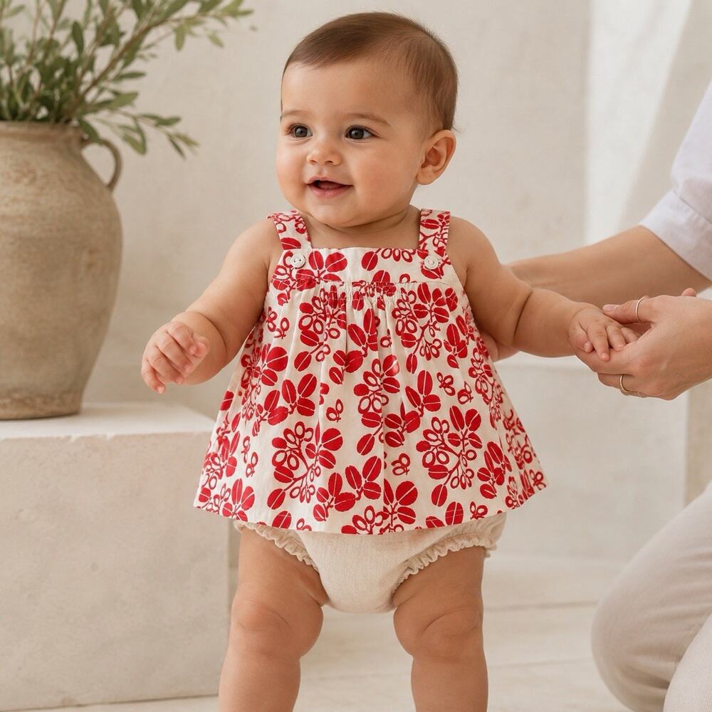Bonpoint Baby Girls 6M Ermine Red White Floral Cotton Top NWT $125